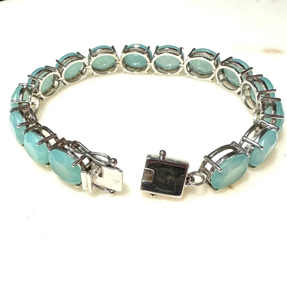 Oval Faceted Aqua Blue Chalcedony Sterling Silver Line Tennis Bracelet 12mm